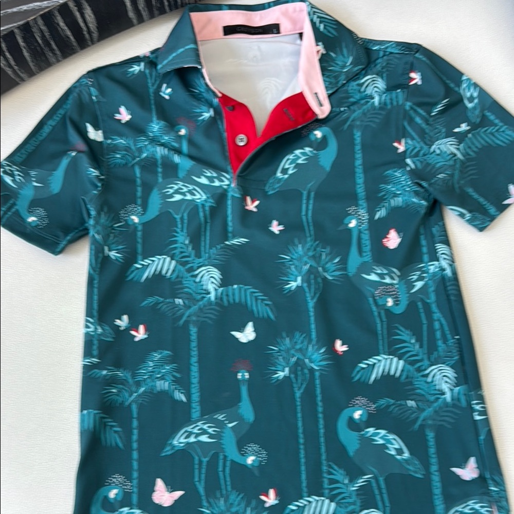 GREYSON PUPS Teal Flamingo Print Polo Shirt